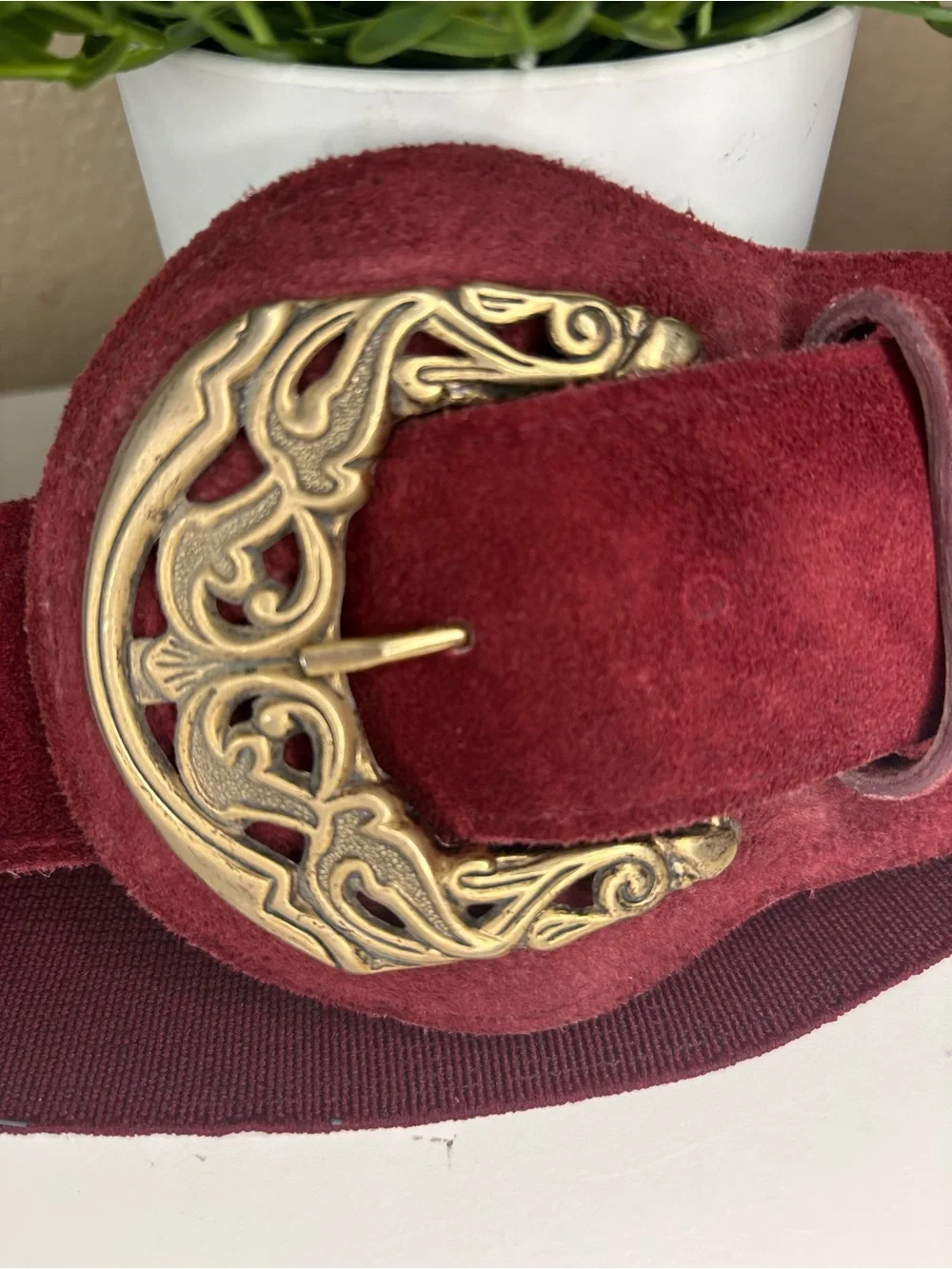 Wide Suede genuine leather Belt with Ornate Gold Buckle - BurgundyL/M